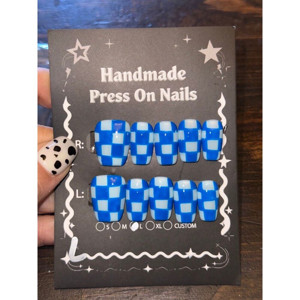 Blue Checkered Square Press On Nails Size Large